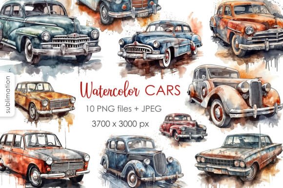 Watercolor Retro Cars PNG Clipart: A Versatile Design Resource for Creative Projects